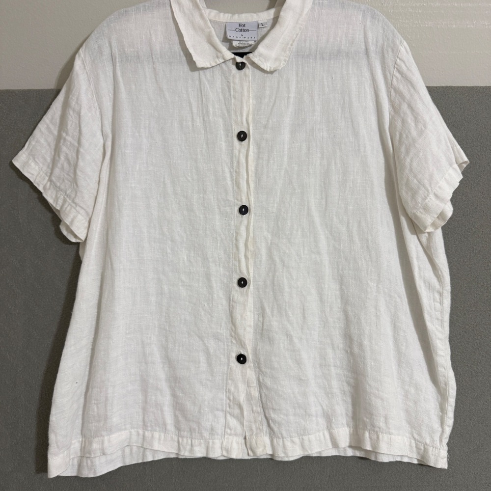 Hot Cotton White 100%‎ Linen Short Sleeve Button Down Shirt L boho coastal top